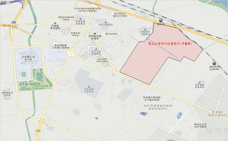 전주 탄소소재 국가산업단지 개발사업 위치를 나타내는 사진으로써 전주시 덕진구 여의동·고랑동 일원에 위치해있다  