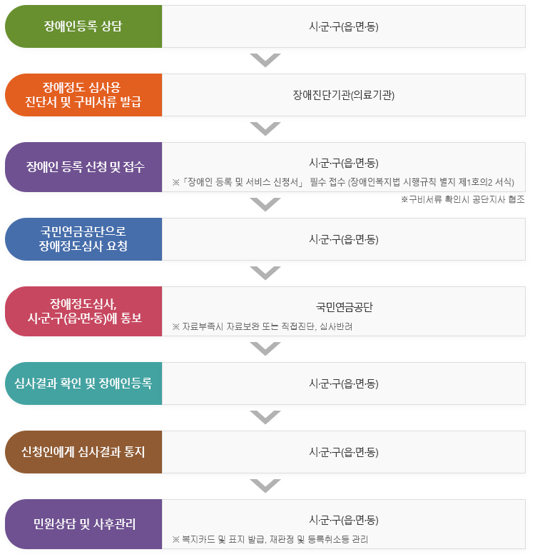 장애등록 및 정도심사 절차도(내용 있음)